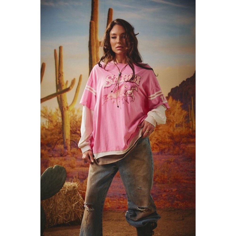 NWT Sabbi Neigh Sayer Horse Layered Hem Long Sleeve Tee Shirt Pink Large/L HTF